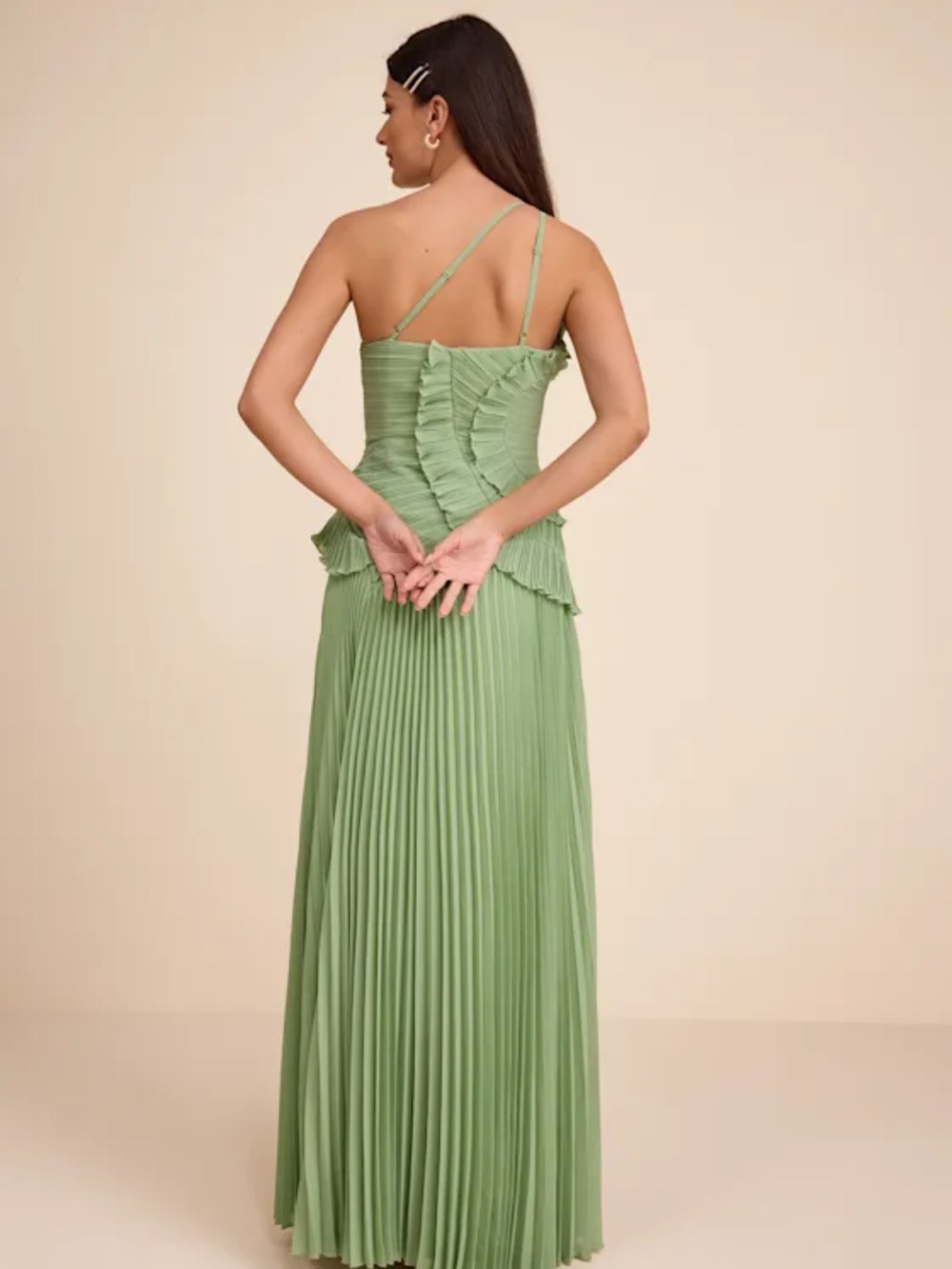 Lulu's Pleated Light Green One-Shoulder Gown - Picture 2 of 3